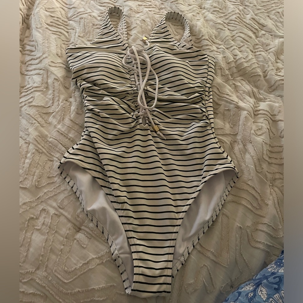 Figleaves striped swimsuit with tie and low back